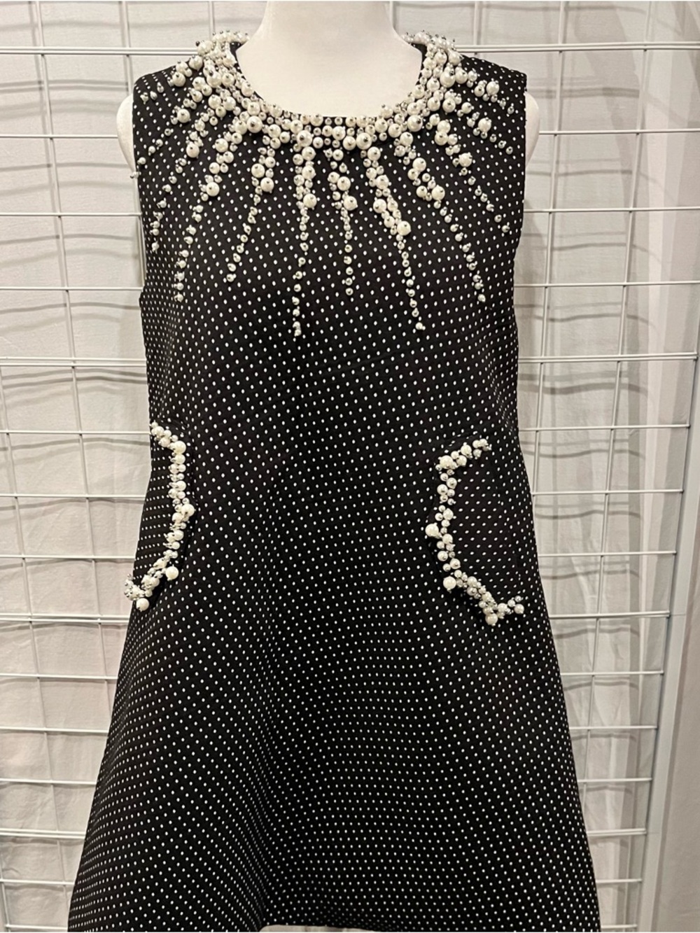 60’s A Line Mini Dress. Black Polka Dot Pearl-Embellished Sleeveless Dress